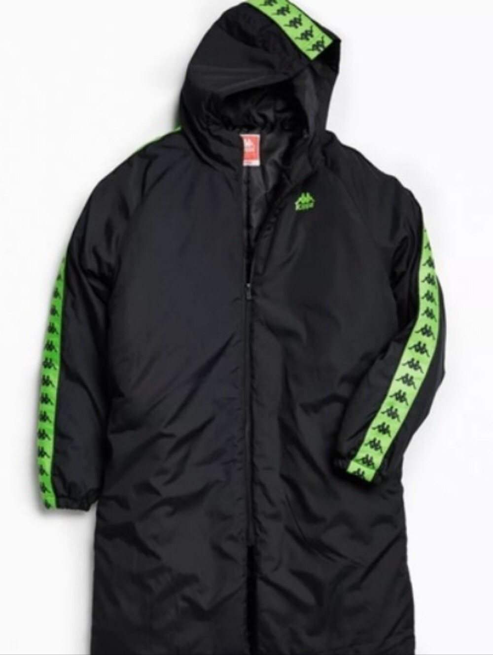 Kappa Black Hooded Puffer Coat with Neon Green Logo Tape